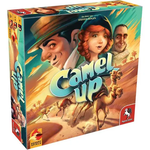 Camel Up (second edition) box: cheering spectators and camels racing across the desert