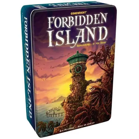 Forbidden Island tin: an overgrown stone tower on a jungle island at sunset