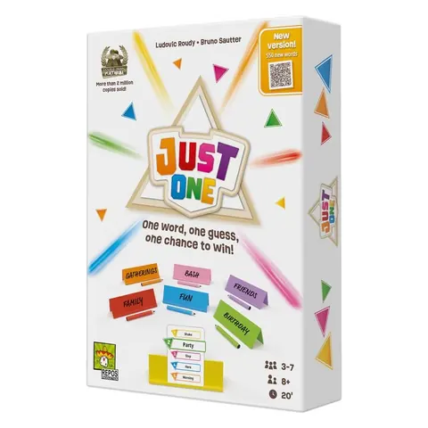 Just One box: a white box with the colourful Just One logo and word cards