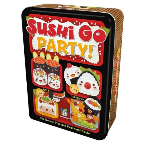 Sushi Go Party! tin: cartoon sushi characters in a red bento box