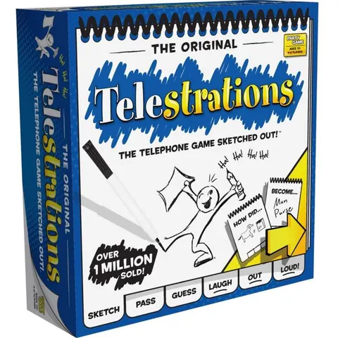 Telestrations box: a blue and white cover showing a sketchbook and doodles